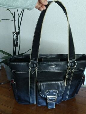 totes Multi Pocket Black Faux Leather Tote with Contrast White Stitching
